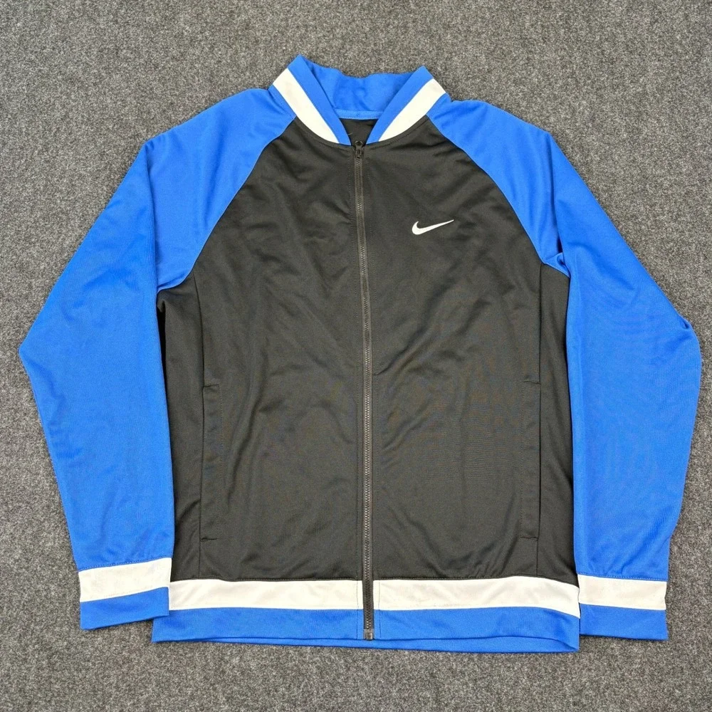 Nike Dri-FIT Track Jacket Mens Small Black Blue Full Zip Graphic Back Sweatshirt